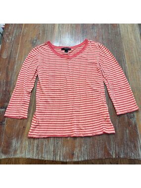 Weekend Max Mara Coral & Tan Striped 3/4 Sleeve Knit Top Lightweight - Size L